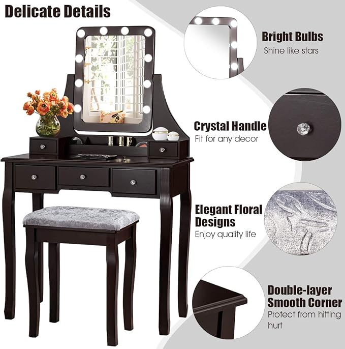 CHARMAID LED Vanity Desk with Lighted Mirror, 10 Dimming Bulbs, 5 Drawers, 3 Storage Organizers, Makeup Vanity Desk with Stool, Bedroom Dressing Table, Gift for Girls Women (Espresso)