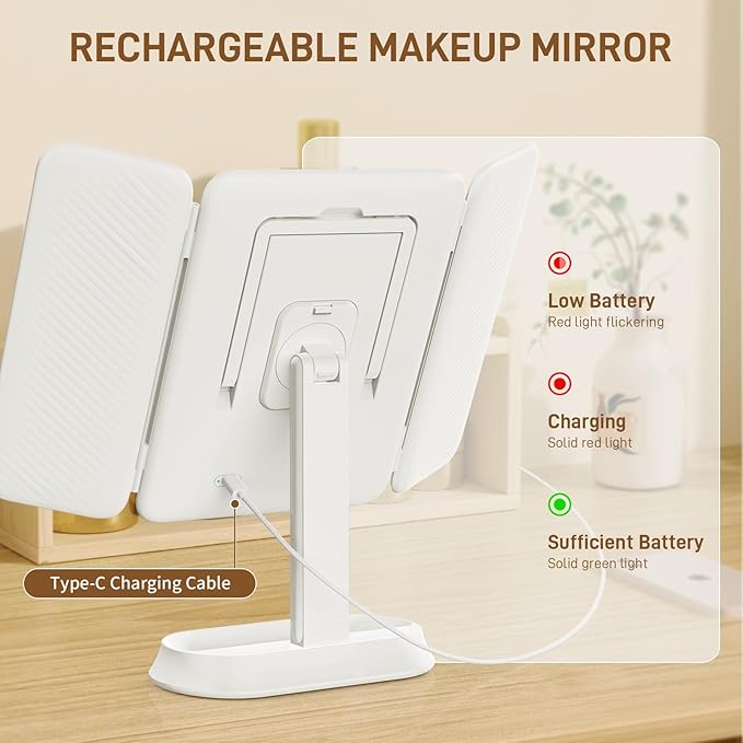 Vanity Mirror with Lights - Rechargeable Lighted Makeup Mirror | 1X/3X/5X Magnification, Smart Touch, 3 Colors Dimmable | Portable Trifold Mirror for Travel for Women and Girls