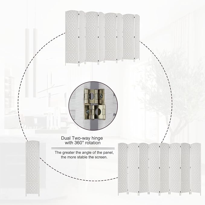 Rose Home Fashion Room Divider, 6 ft Tall Room Dividers and Folding Privacy Screens, 16in Privacy Screen 8 Panel White Space Temporary Wall Foldable Partition Separation
