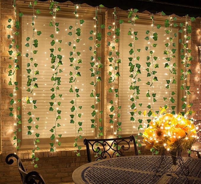 RECUTMS Vines with Lights Strings 59 Inches Wall Leaves Artificial Ivy Greenery Garland Fake Green Decorations Hanging Silk Leaf Plant All Year Round for Garden Office Wedding Table