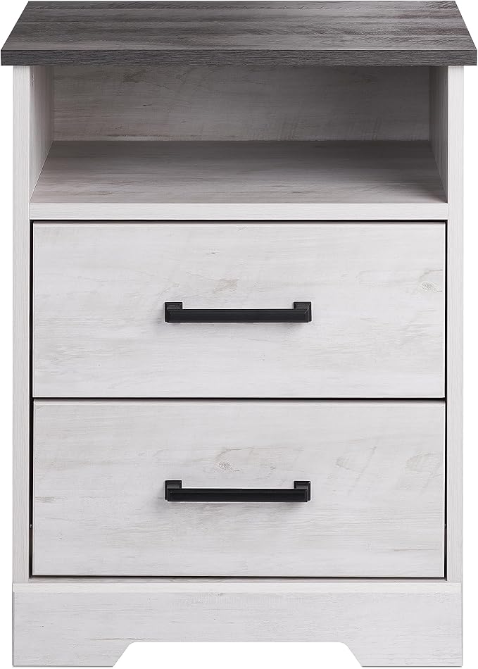 Prepac Rustic Ridge Farmhouse Bedroom Nightstand with 2 Drawers and an Open Cubby, Wooden Bedside Table for Bedroom, Office, or Living Room, 16.25in x 18.75in x 24.5in, Washed White