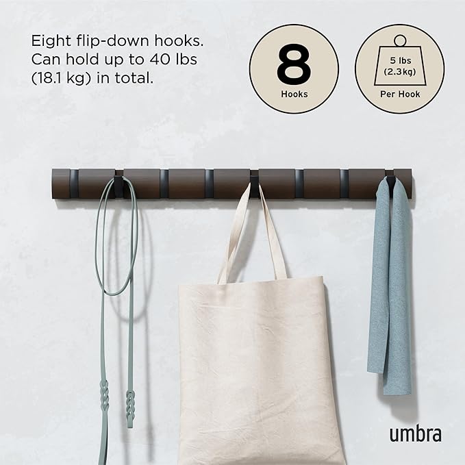 Umbra - Flip Wall-Mounted Coat Rack Rail Hook for Hats, Jackets, Bags and More, Wood, Metal, Black/Walnut