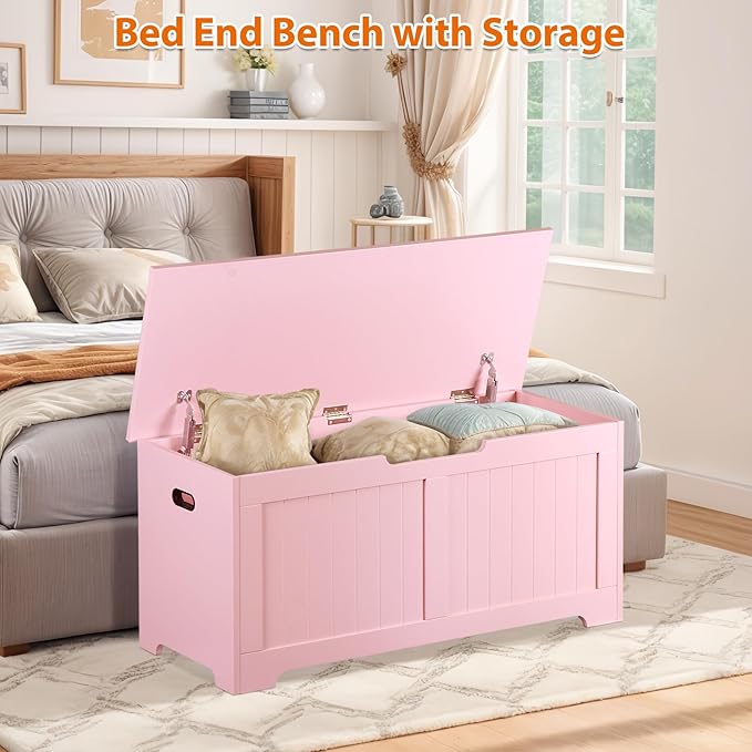 Wooden Storage Chest Box with Flip-top Lid & Safety Hinge, 39.4 Inch Living Room Organizer, Bedroom Bench, Pink