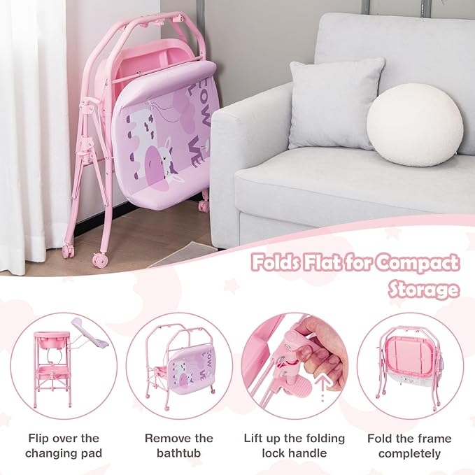 HONEY JOY Baby Changing Table with Bathtub, Foldable Infant Diaper Changing Station with Wheels, Storage Tray, Waterproof Pad, Portable Newborn Nursery Organizer Bath Stand for Boys Girls (Pink)