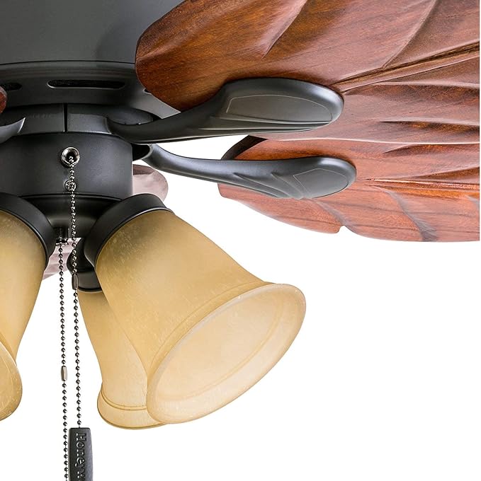 Honeywell Ceiling Fans Royal Palm, 52 Inch Tropical LED Ceiling Fan with Light, Pull Chain, Three Mounting Options, Hand Carved Solid Wood Blades - Model 50503-01 (Bronze)