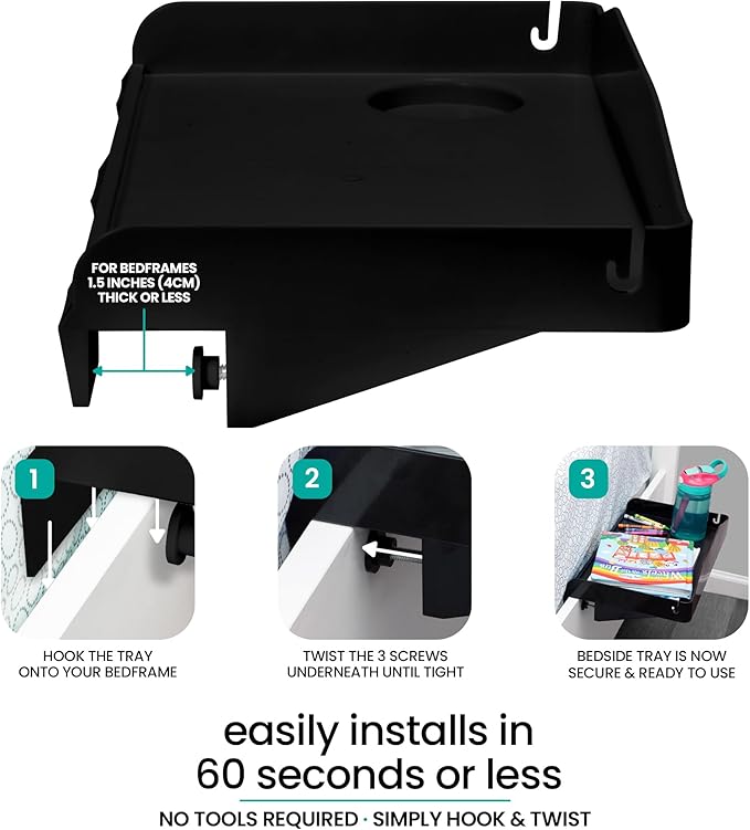 Modern Innovations 2 Count Bedside Organizer for Bed – Clip On Tray with Cup & Cord Holder – for College Dorm, Top Bunk, or Kids Bedroom (Black)