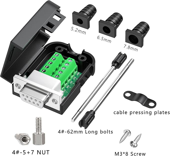 2PCS DB9 Female adapters, Easy to useDIY RS232/485 Serial Cable, No Soldering Needed DB9 Serial connectors with Bolts Nuts Tail Pipes and Screwdriver