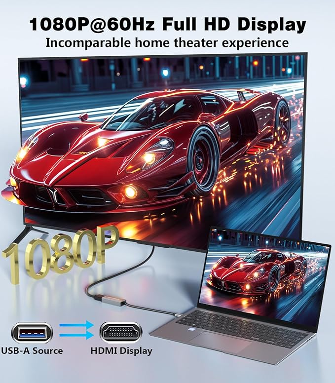 USB to HDMI Adapter,[Gold-Plated & Metal Shell] USB A Male to HDMI Female Convert for Monitors,USB 3.0 to HDMI Support Windows,mac OS - Driver Installation Required