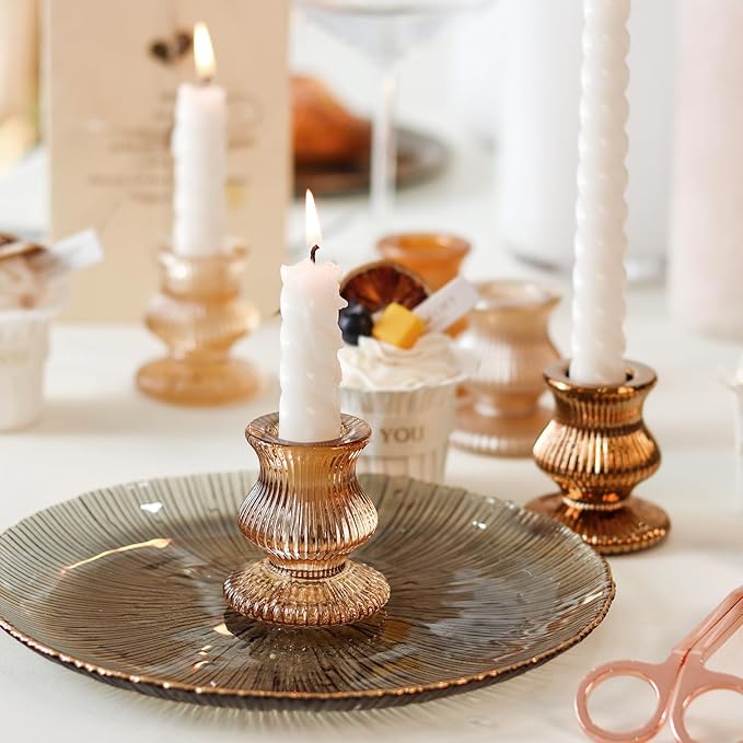 WDHODEC Gold Candlestick Holders 12PCS Glass Taper Candle Holders for Table Centerpiece Colorful Candle Sticks for Wedding, Party and Festival Decoration
