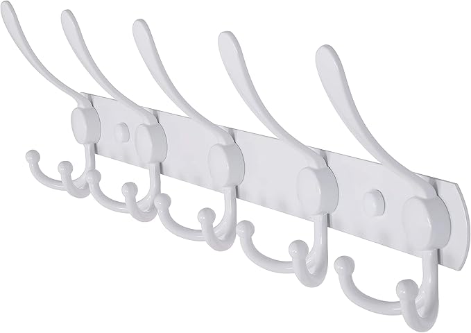 Dseap Wall Mounted Coat Rack - 5 Tri Hooks, Heavy Duty, Stainless Steel, Metal Coat Hook Rail for Coat Hat Towel Purse Robes Mudroom Bathroom Entryway,White