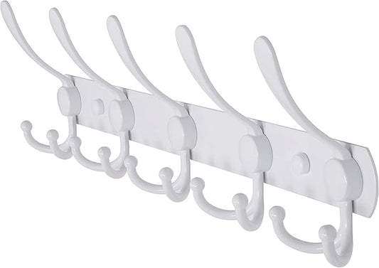 Dseap Wall Mounted Coat Rack - 5 Tri Hooks, Heavy Duty, Stainless Steel, Metal Coat Hook Rail for Coat Hat Towel Purse Robes Mudroom Bathroom Entryway,White
