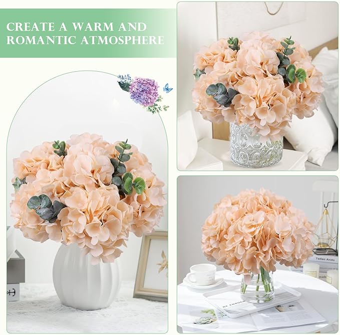 AVIVIHO 10pcs Hydrangea Artificial Flowers Champagne Fake Hydrangeas Flowers with Stems Full Fluffy, Realistic Silk Hydrangea for Table Centerpieces, Wedding,Party,Home Decor