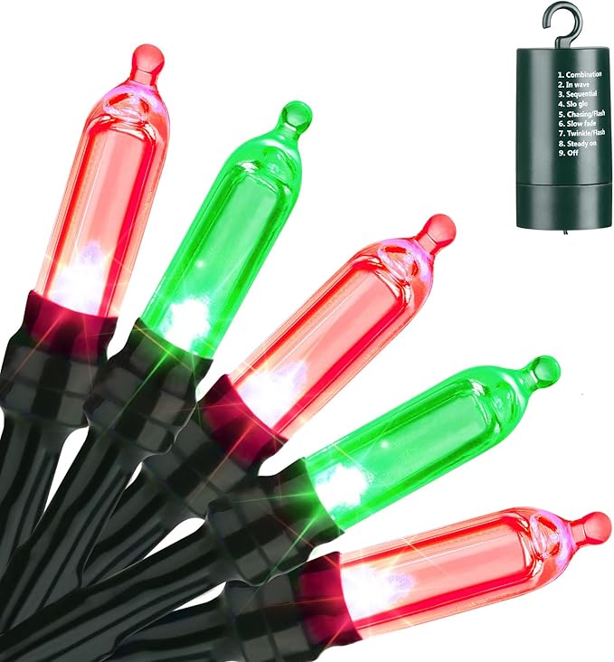 LYHOPE Battery Christmas Lights, 33ft 100 LED Christmas Lights Waterproof 8 Modes Battery Operated String Light for Outdoor & Indoor, Xmas Tree, Wreaths, Holiday Decoration (Red & Green)