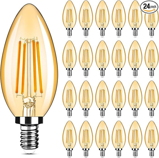 24-Pack Dimmable E12 LED Candelabra Bulbs 40Watt Equivalent, 2200K Amber Warm White, 380Lumens, 4W B11 Amber Chandelier Light Bulbs, LED Filament Clear Glass Candle Lamp for Ceiling Fan Home Decor