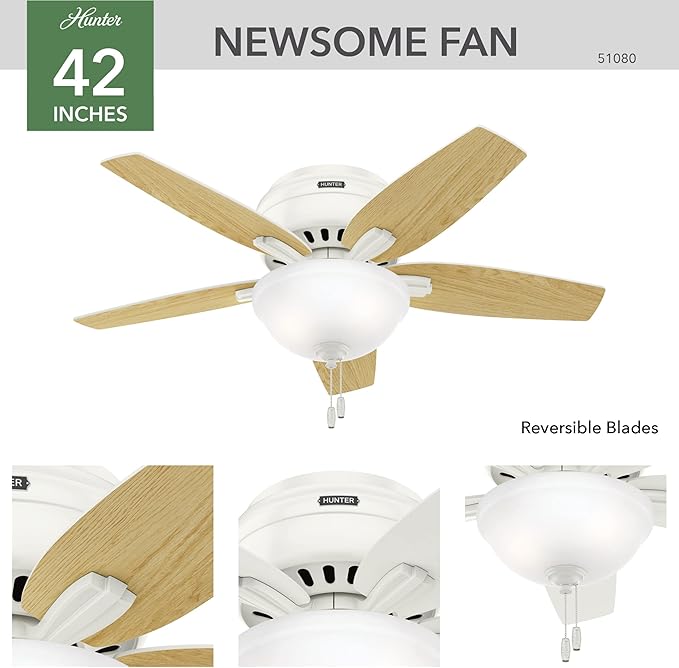 Hunter 42 inch Indoor Ceiling Fan with LED Light - White Ceiling Fan with Pull Chain, For Bedroom or Living Room, Low Profile Mount, No Remote, 5 Blades, Includes Bulbs - Newsome 51080, Fresh White