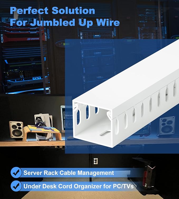 ZhiYo 66in(4X L16.5in) Professional Server Rack Cable Management Raceway, H1.4in x W1.6in Cable Raceway Kit, Electrically Safe PVC Open Slot Wire Raceway for Under Desk/Computer/Network Cords, White