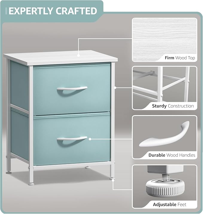 Sorbus Nightstand with 2 Drawers - Kids Bedside Furniture End Table Night Stand - Steel Frame, Wood Top & Easy Pull Fabric Bins - Dresser & Chest for Home, Bedroom Accessories, Office & College Dorm