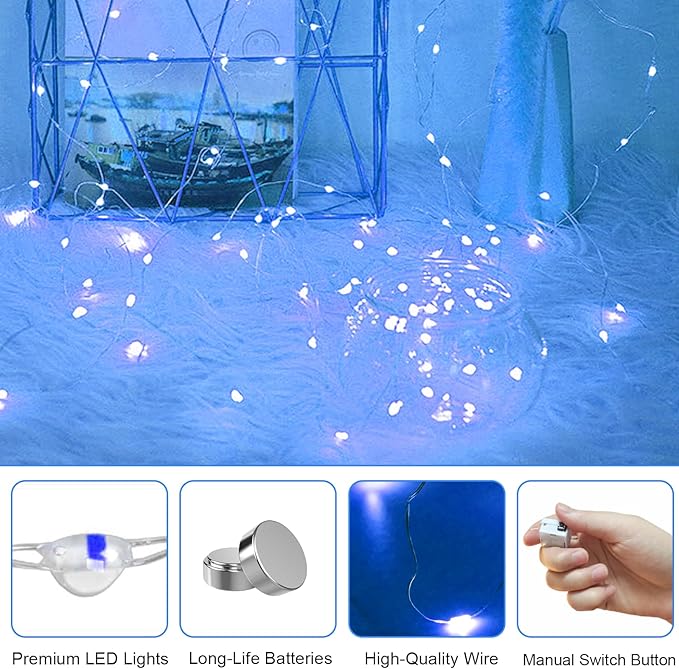 30 Pack Fairy Lights Battery Operated - 3 Speed Modes, 7Ft 20 LED String Twinkle Lights, Waterproof Copper Wire, Mini Firefly Light for Mason Jars Vases Christmas Decor, Blue