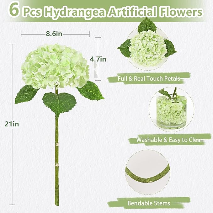 6 Pcs Real Touch Hydrangea Artificial Flowers, 21" Light Green Full Faux Hydrangea Flowers Latex Fake Flowers for Home Decor Party Floral Arrangements Wedding Bouquets Centerpieces Outdoor Decor