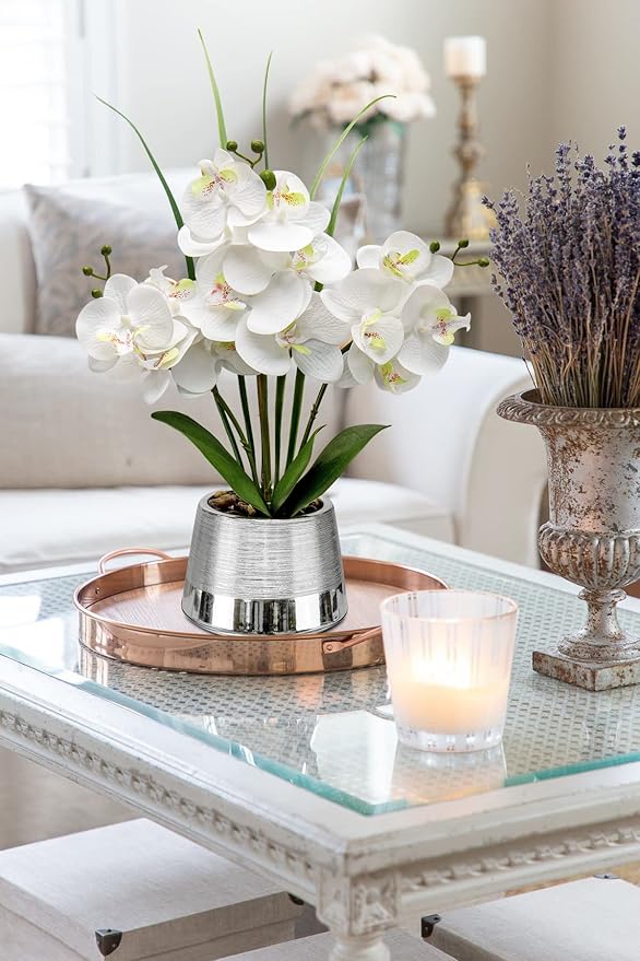 Artificial White Phalaenopsis Orchid Flower Arrangements Faux Orchid Flower in Silver Pot Orchid Centerpiece for Dining Room Table