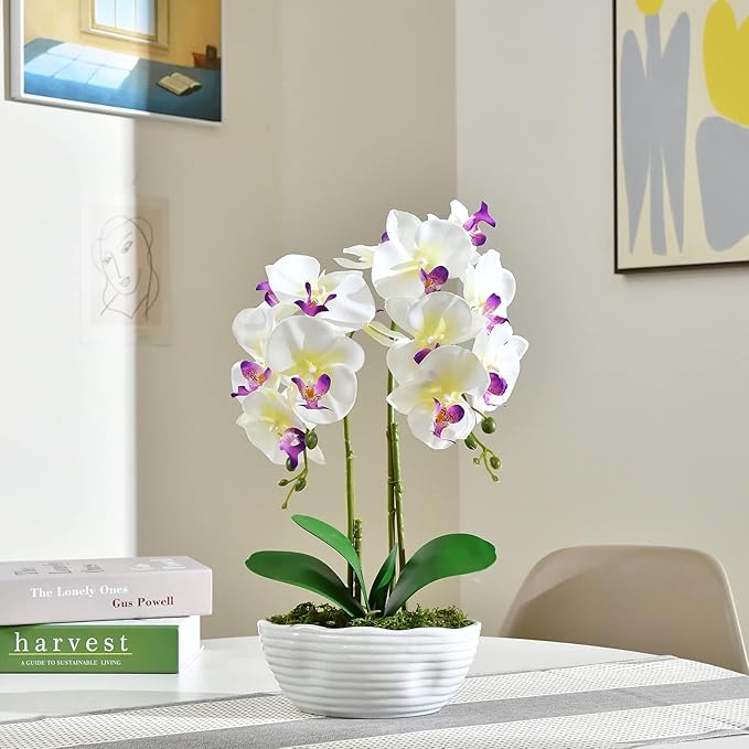 Large Artificial Potted Orchid Plant, Silk Flower Arrangement with Ceramics Vase, White