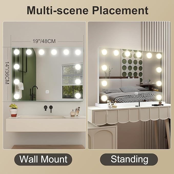 S'bagno Vanity Mirror with Lights, 12 Dimmable LED Bulbs Hollywood Mirror, 3 Color Modes & Memory Function Makeup Mirror with Lights, Detachable 10X Magnification, Touch Control, USB-A(19''x14'')
