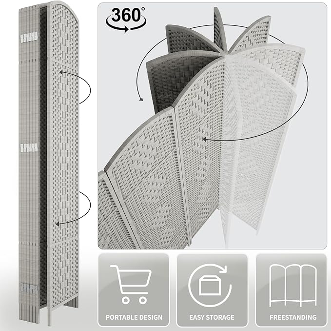 Rose Home Fashion 6 ft Tall Room Divider, Room Dividers and Folding Privacy Screens, 15.7in Privacy Screen 8 Panel Partition Temporary Wall Separation for Private, Stone Grey