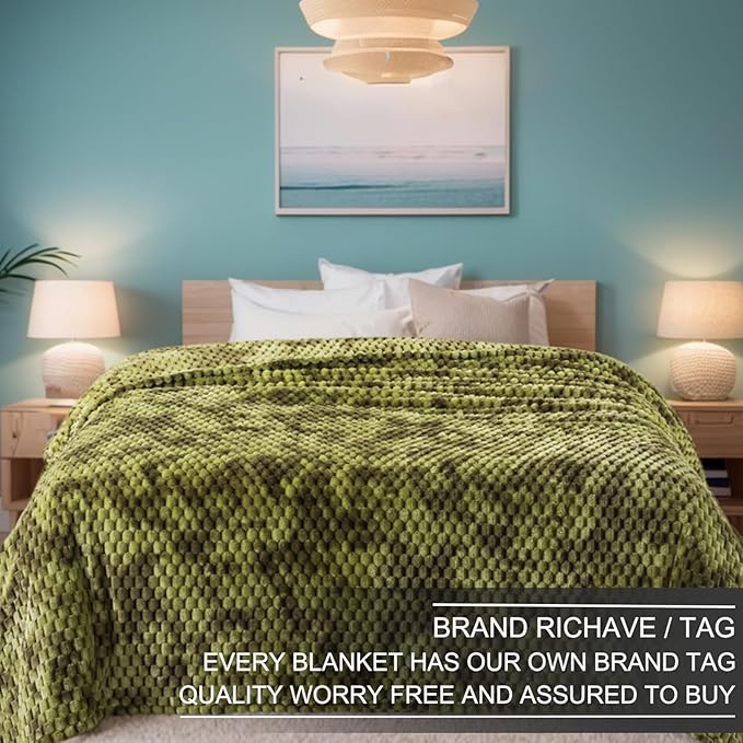 Richave King Size Fleece Blanket,Premium Lightweight Anti-Static 90x108 Inches 3D Clouds Stylish Jacquard Velvet Plush Bed Blanket for King Calking Bed, Tie-dye Olive Green