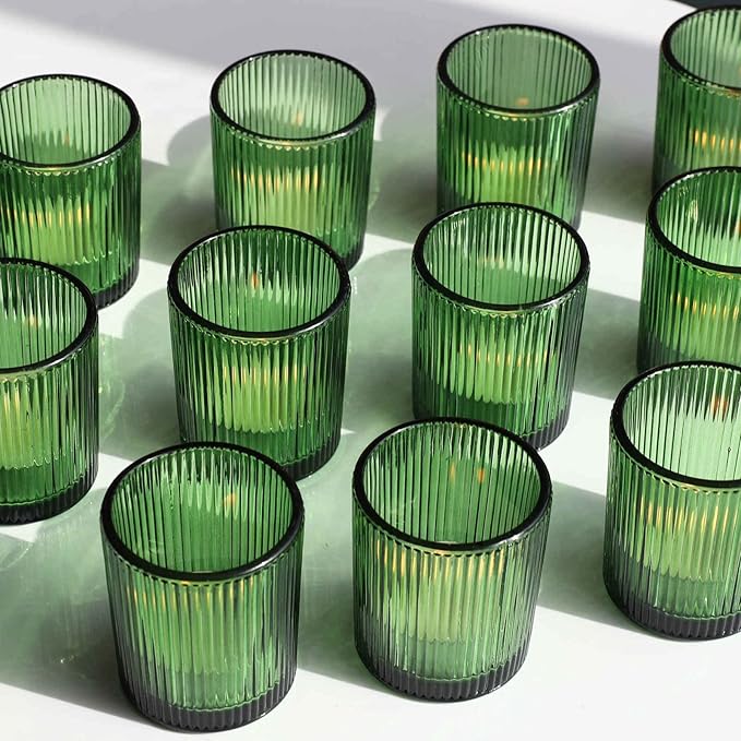 VOHO 12pcs Candle Holder Ribbed Glass, Green Votive Candle Holders for Wedding Party Table Centerpieces, Glass Tealight Candle Holder for Birthday Gift(2.1'' x 2.6'', Green)