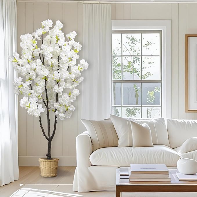 Faux White Cherry Blossoms Tree 6FT Flowering Tree Artificial Cherry Blossom Tree for Bedroom Home Decor