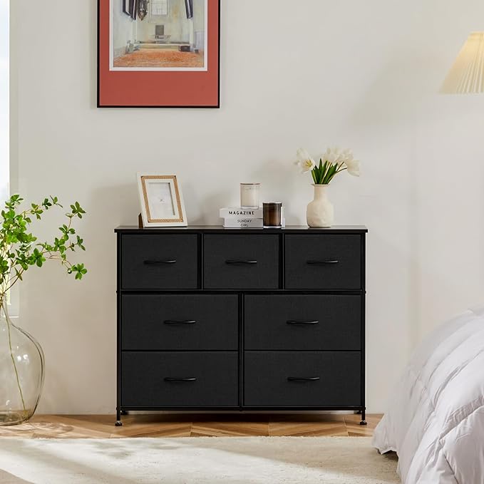 Sweetcrispy Dresser for Bedroom TV Stand Fabric Dresser with 7 Drawers, Dresser Chest of Drawers Organizer Wood Tabletop, Dresser for Closet, Living Room, Entryway, Black