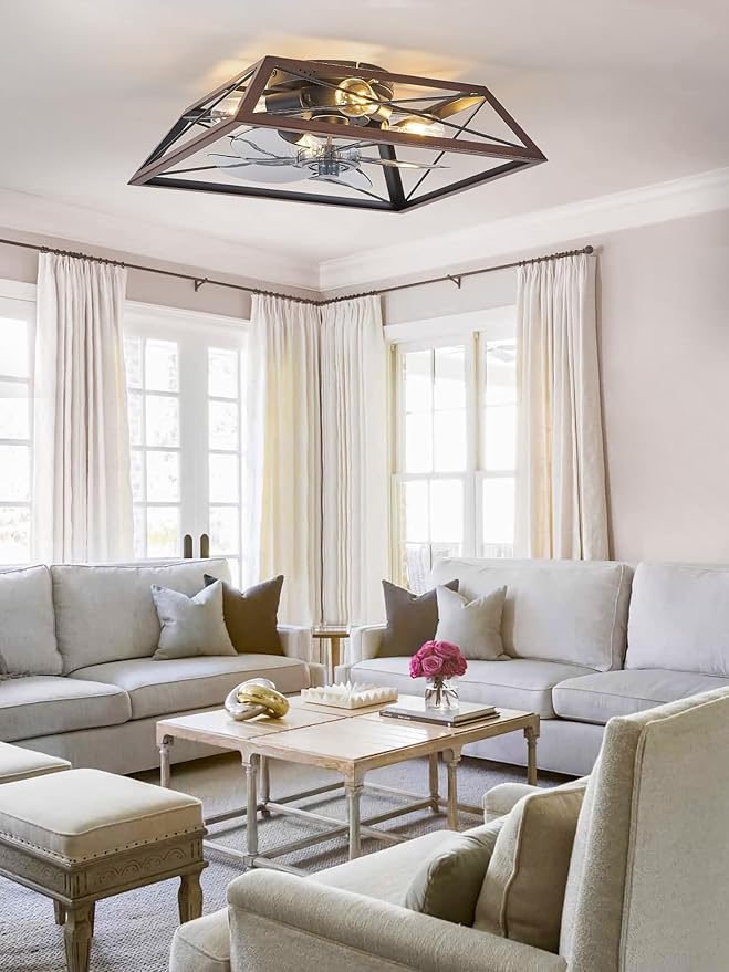 LEDIARY Ceiling Fan with Light, 24 Inch Farmhouse Caged Flush Mount, Low Profile Fan Light Fixture, Small Industrial Rustic Ceiling Fan with Remote