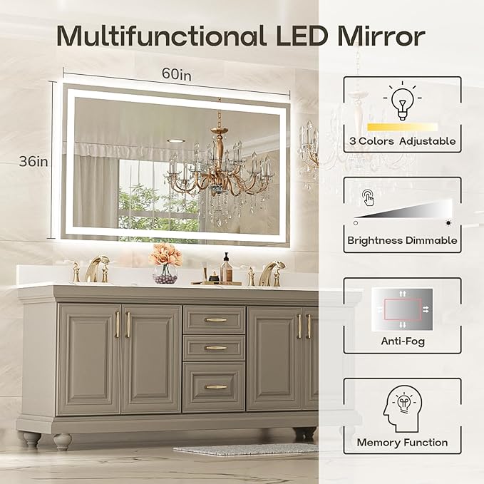 USHOWER LED Bathroom Mirror 60x36 Inch with Lights - Frameless Tempered Glass LED Backlit Lighted Mirror for Bathroom Vanity with Anti-Fog, 3 Colors Dimmable, Memory Function, Wall-Mounted