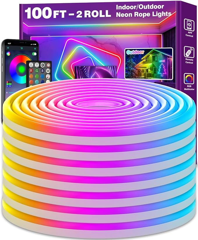 AILBTON 100Ft Neon Rope Lights,Flexible Led Rope Lights Control with App/Remote,Multiple Modes Music Sync Gaming RGB Led Neon Lights for Bedroom Outdoor