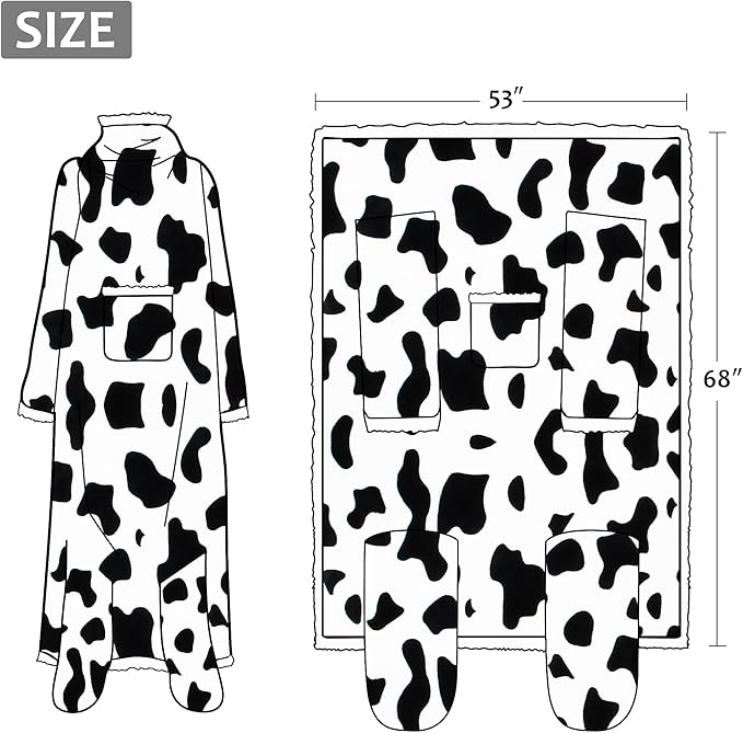 Catalonia Cow Print Sherpa Wearable Blanket with Sleeves & Foot Pockets for Adult Women Men, Comfy Snuggly Wrap Sleeved Throw Blanket Robe, Gift Idea