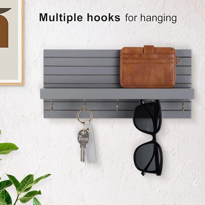 Decorative Key Holder for Wall with Shelf, Entryway Shelf with Hooks Holds Leashes, Jackets and Glasses – Sturdy Wood Keyholder Entrance Hanger with Mounting Hardware (Gray, Medium)