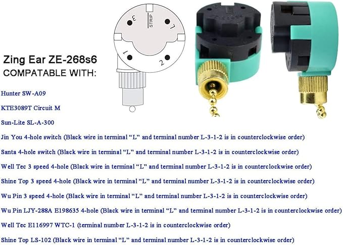 Ceiling Fan Switch ZE-268S6 3 Speed 4 Wire for Ceiling Fan Light Lamps and Wall Lights Pull Chain Switch Replacement On-Off with Pull Chain,1 Pack