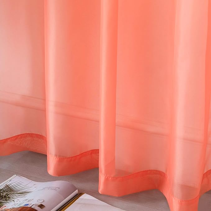 DUALIFE Coral Curtains 108 Inches Extra Length for Living Room Set of 2 Pieces Grommet Look Semi Sheer Transparent Curtains for Bedroom 52x108 Inch Long (Orange Coral)