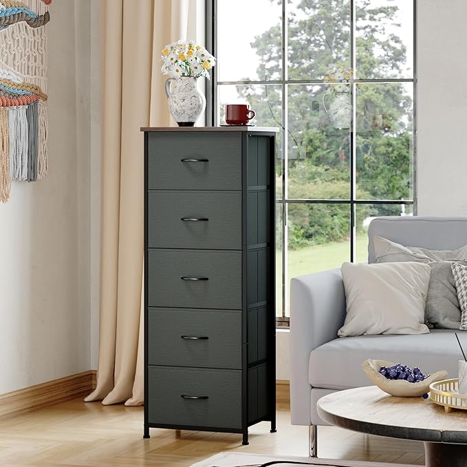 Somdot Dresser for Bedroom with 5 Drawers, Storage Organizer Chest of Drawers with Removable Fabric Bins for Closet Bedside Living Room Laundry Entryway Hallway, Charcoal Grey