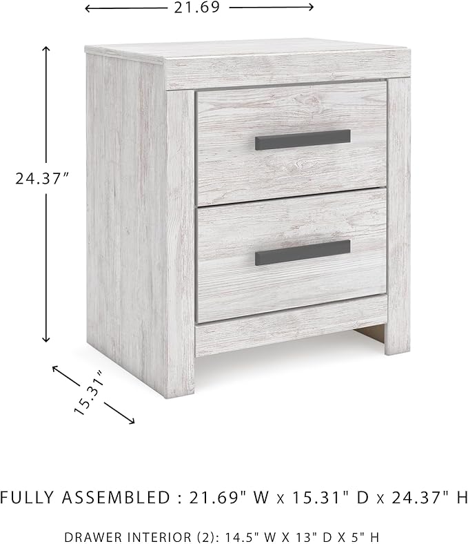 Signature Design by Ashley Cayboni Vintage 2 Drawer Nightstand with Safety Stop for Bedroom, 24.37" Tall, White