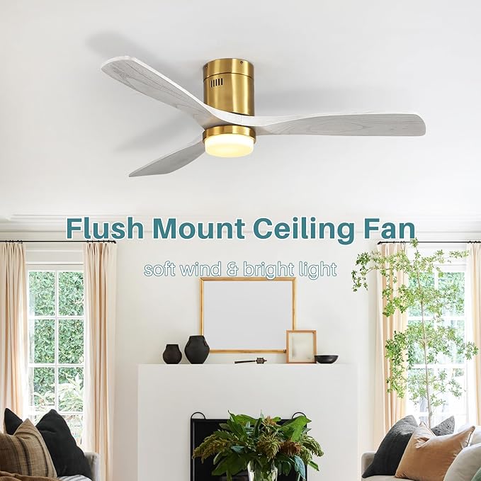 Sofucor Ceiling Fan with Lights-52 Inch Flush Mount Ceiling Fan with Light and Remote Control, Low Profile Wood Blades Modern Outdoor Ceiling Fans for Bedroom/Farmhouse/Patio/Indoor, Quiet DC Motor