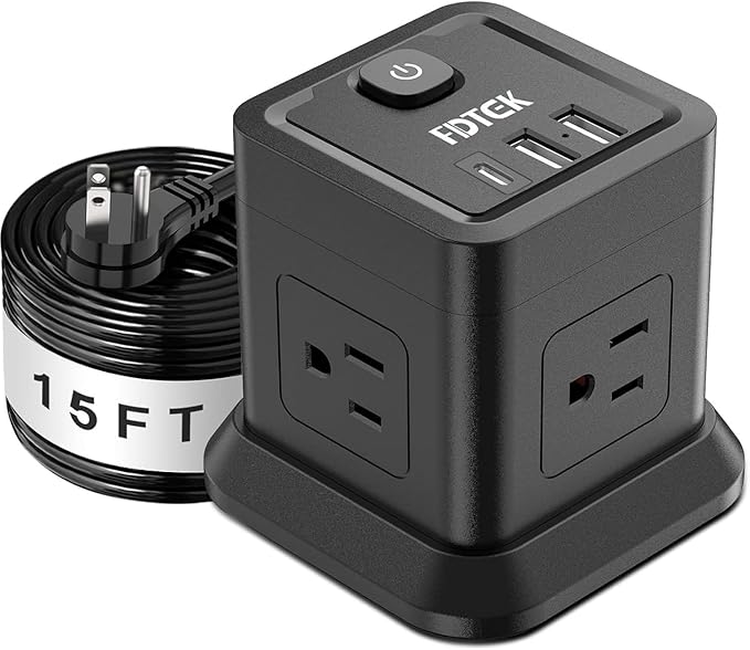 Extension Cord 15 ft, FDTEK Flat Plug Power Strip with 4 Widely Spaced Outlet with 3 USB, Extension Cord with Multiple Outlets for Indoor Home Office, Dorm Room Essentials