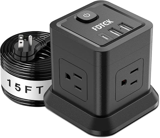 Extension Cord 15 ft, FDTEK Flat Plug Power Strip with 4 Widely Spaced Outlet with 3 USB, Extension Cord with Multiple Outlets for Indoor Home Office, Dorm Room Essentials