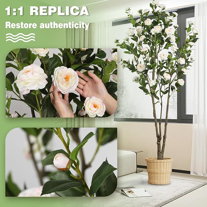 Faux Camellia Flower Tree 7ft(82in) Artificial Floor Plant for Indoor Decor Realistic Greenery Potted Tree with White Blooming Flowers and Natural Wood Trunk for Home Living Room,Office,Porch Decor
