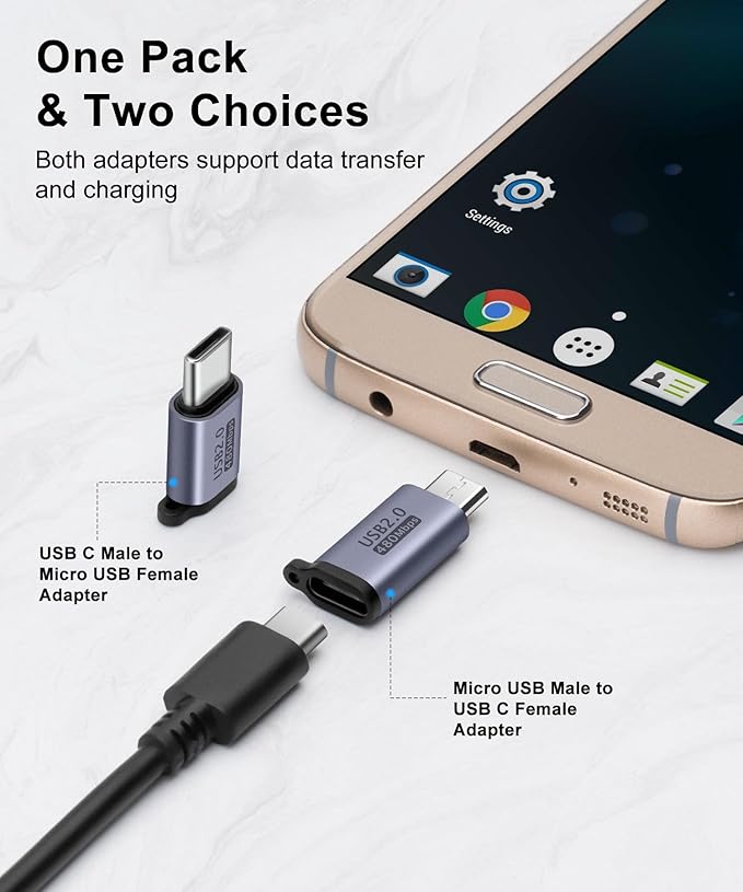 USB-C to Micro USB Adapter (2-Pack), Data Transfer and Interface Conversion, Charging - Grey