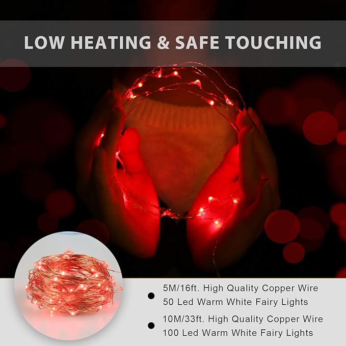 USB Powered Fairy Lights, 100 led 33 ft. USB Plug in Copper Wire USB String Lights for Bedroom Christmas Decoration Wedding Party Firefly Lights (Red,1 Pack)