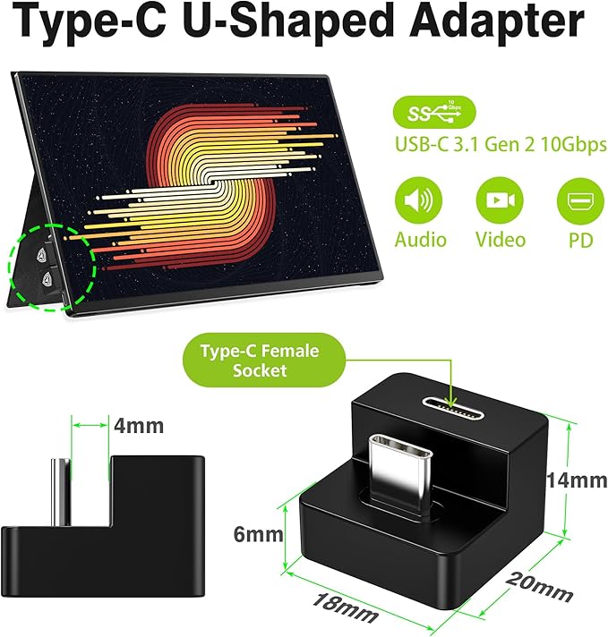 AGVEE 180 Degree Angled USB-C to USB-C Adapter and Long Side Inward U-Shaped Mini HDMI to HDMI Converter, HDMI 2.0 4k@60HZ, Coupler Extender Extension for Portable Display Monitor, Black