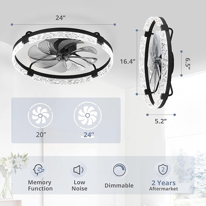 LEDIARY 2 Pack 24 Inch Modern Ceiling Fans with Lights and Remote, Dimmable Flush Mount Ceiling Fan, Black Low Profile Ceiling Fan with 3 CCT and 6 Speeds
