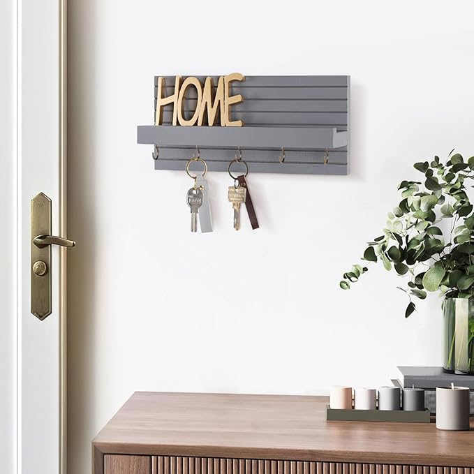 Decorative Key Holder for Wall with Shelf, Entryway Shelf with Hooks Holds Leashes, Jackets and Glasses – Sturdy Wood Keyholder Entrance Hanger with Mounting Hardware (Gray, Medium)