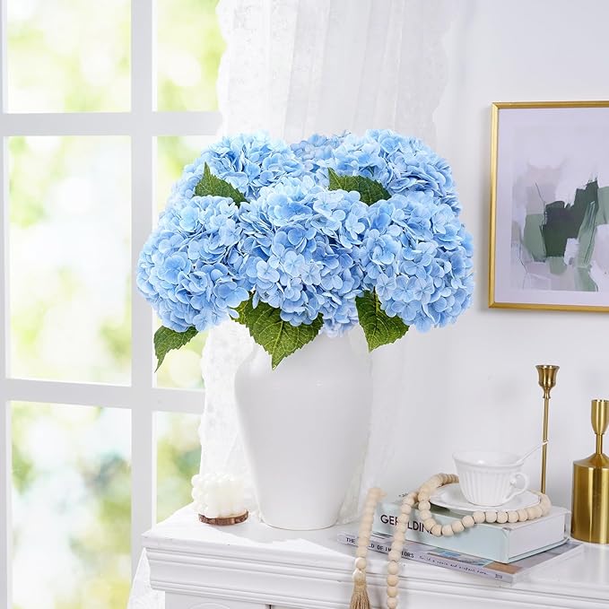 Waipfaru 21" Real Touch Blue Hydrangea Artificial Flowers with Long Stem & Leaves, Full Latex Faux Hydrangea Flowers for Home Decor Party Floral Arrangements Wedding Bouquets Centerpieces, 5Pcs